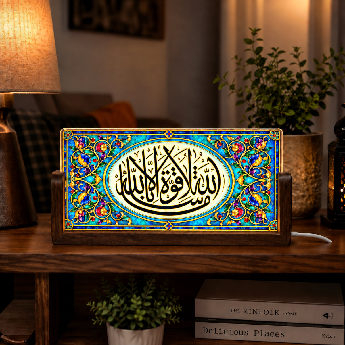Islamic Calligraphy Acrylic LED Table Lamp - Wooden Stand