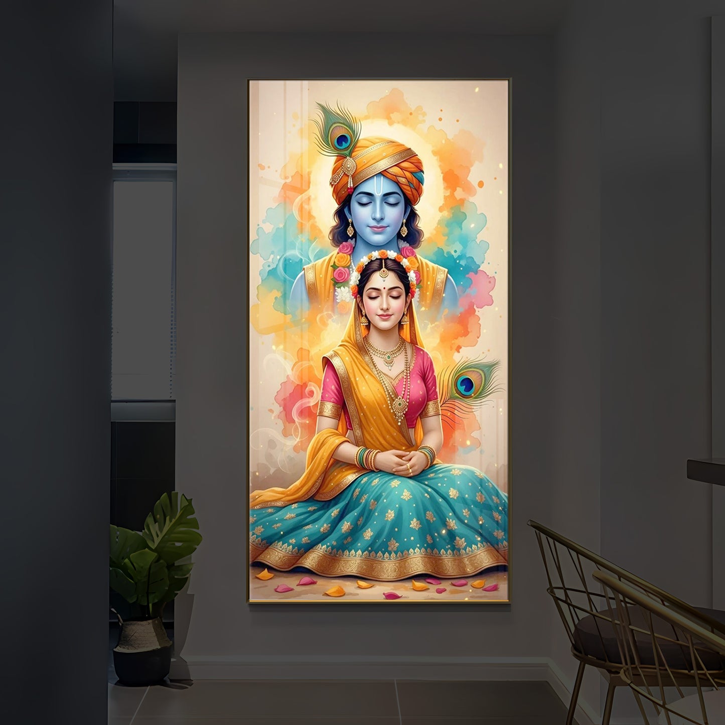 Radhe Krishna Modern Luxury Backlight Vertical Wall Art