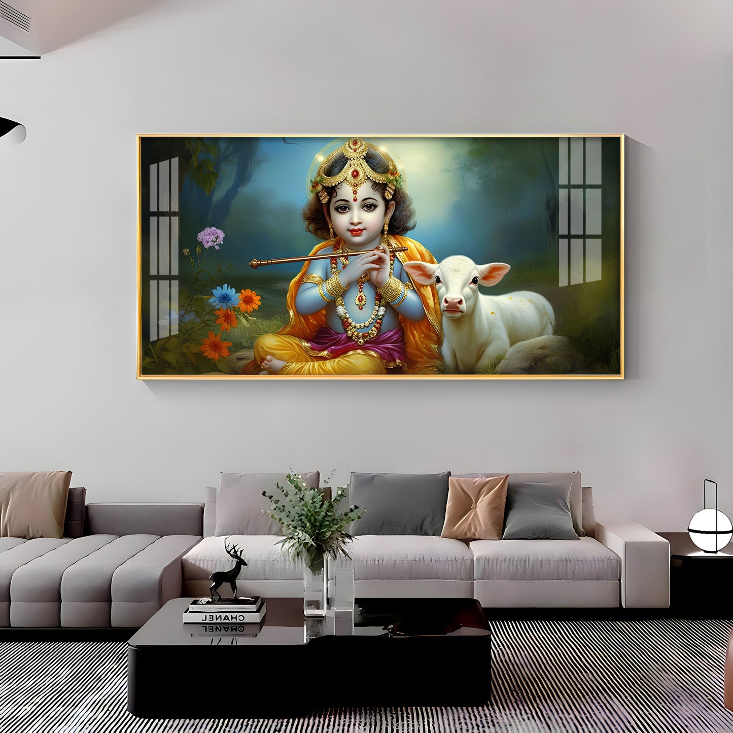 Little Krishna With Bansuri & Cow Premium Acrylic Horizontal Wall Art