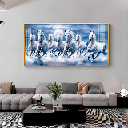 7 White Running Horses With Sunrise Premium Acrylic Horizontal Wall Art