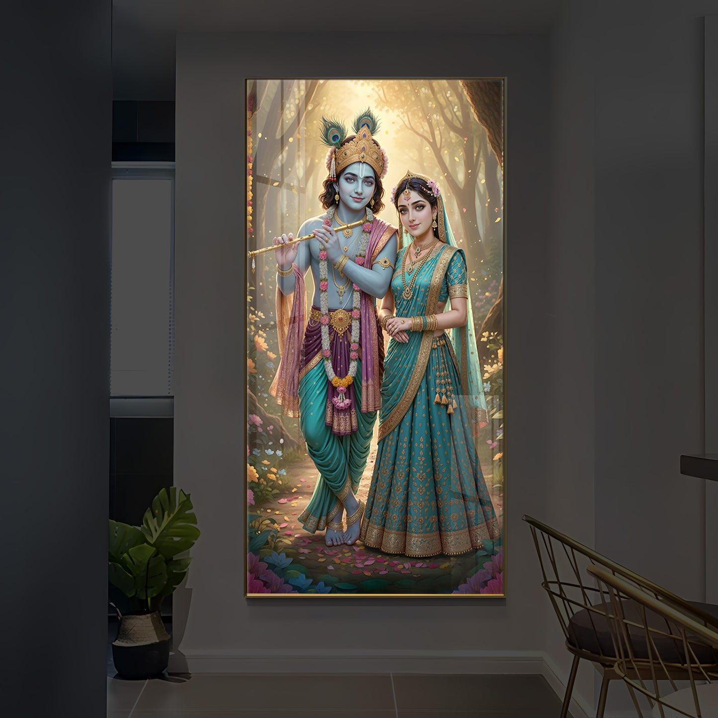 Radhe Krishna Ji Modern Luxury Backlight Vertical Wall Art