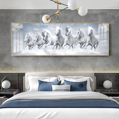 Seven Lucky Running White Horses Premium Acrylic Horizontal Wall Art