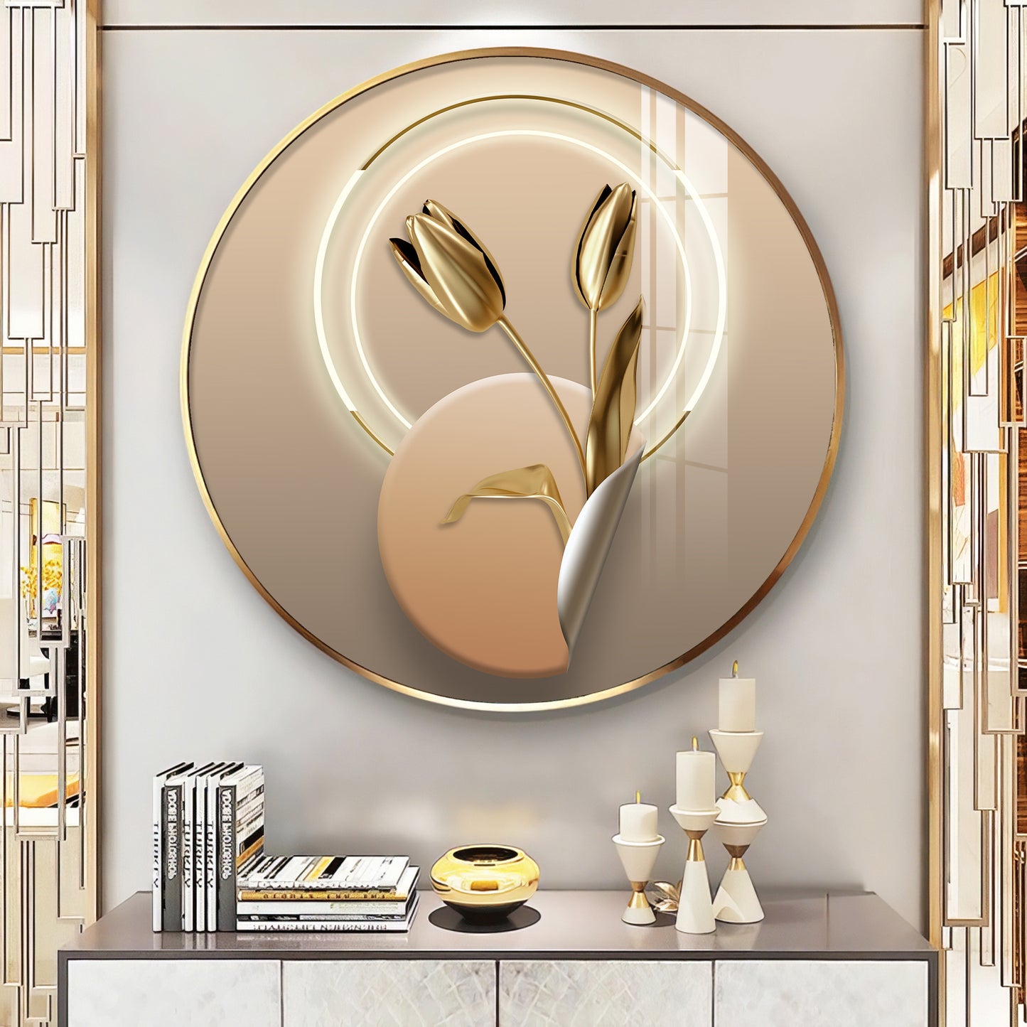 Golden Petal Premium Acrylic Round Wall Art