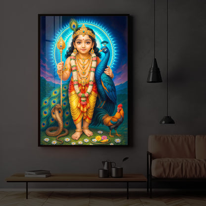 Lord Murugan Ji Modern Luxury Backlight Vertical Wall Art