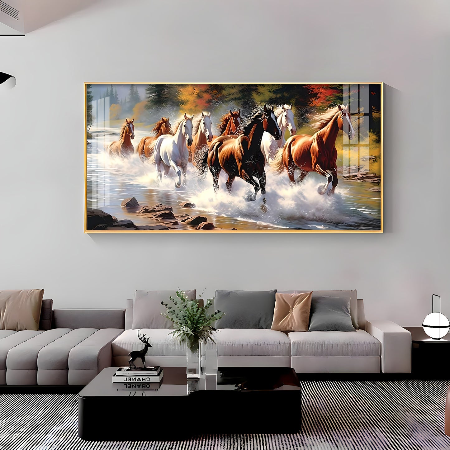 Running Horses in River Premium Acrylic Horizontal Wall Art