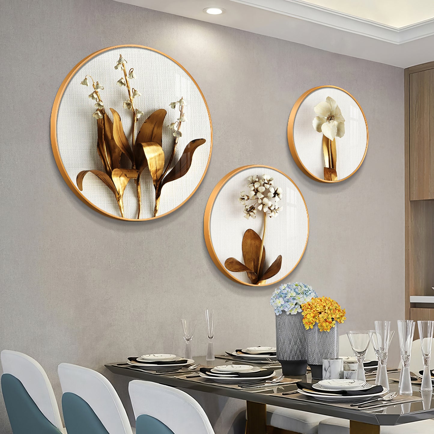 Golden Petals Premium Acrylic Round Wall Art (Set of 3)