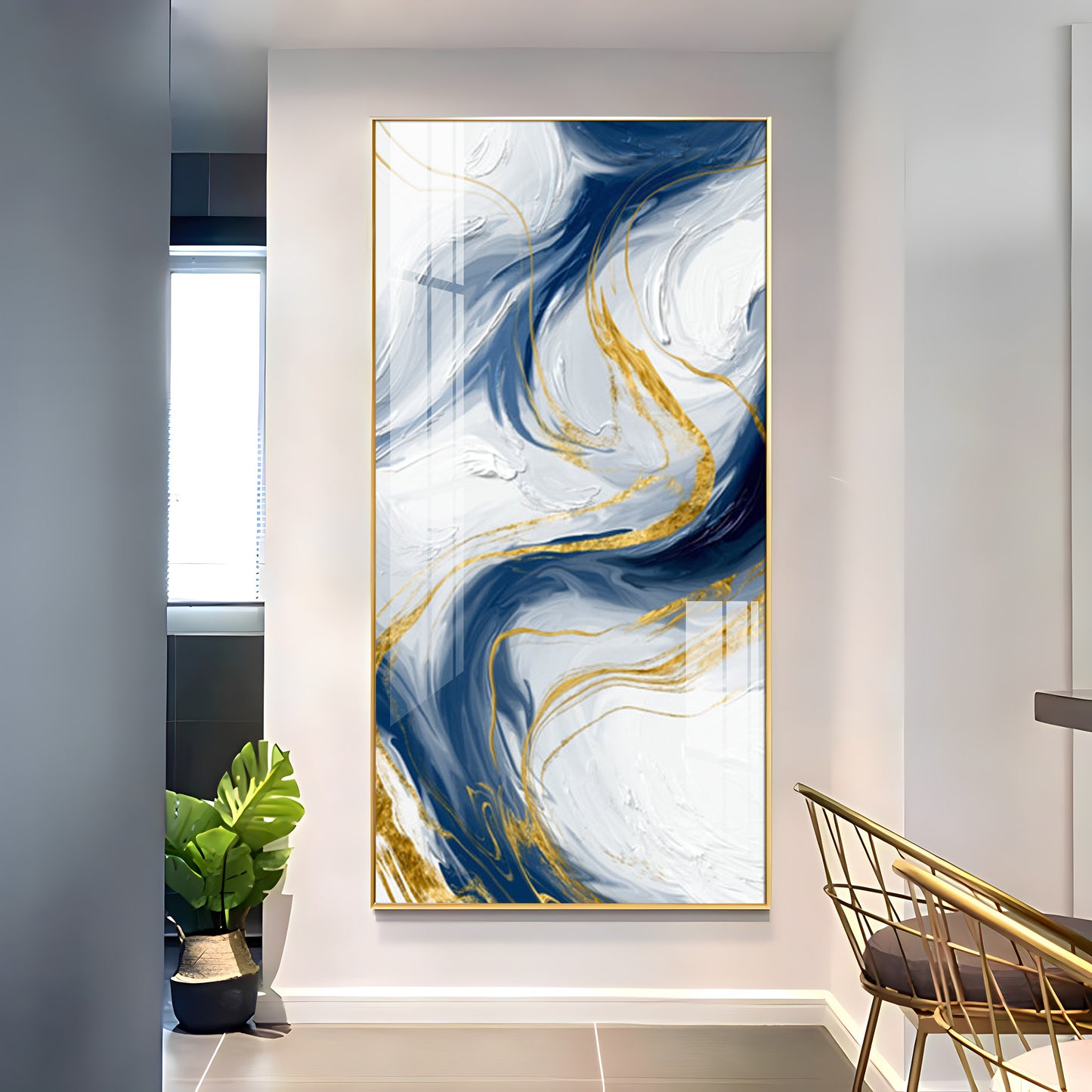 Abstract Blue Gold waves Premium Acrylic Vertical Wall Art