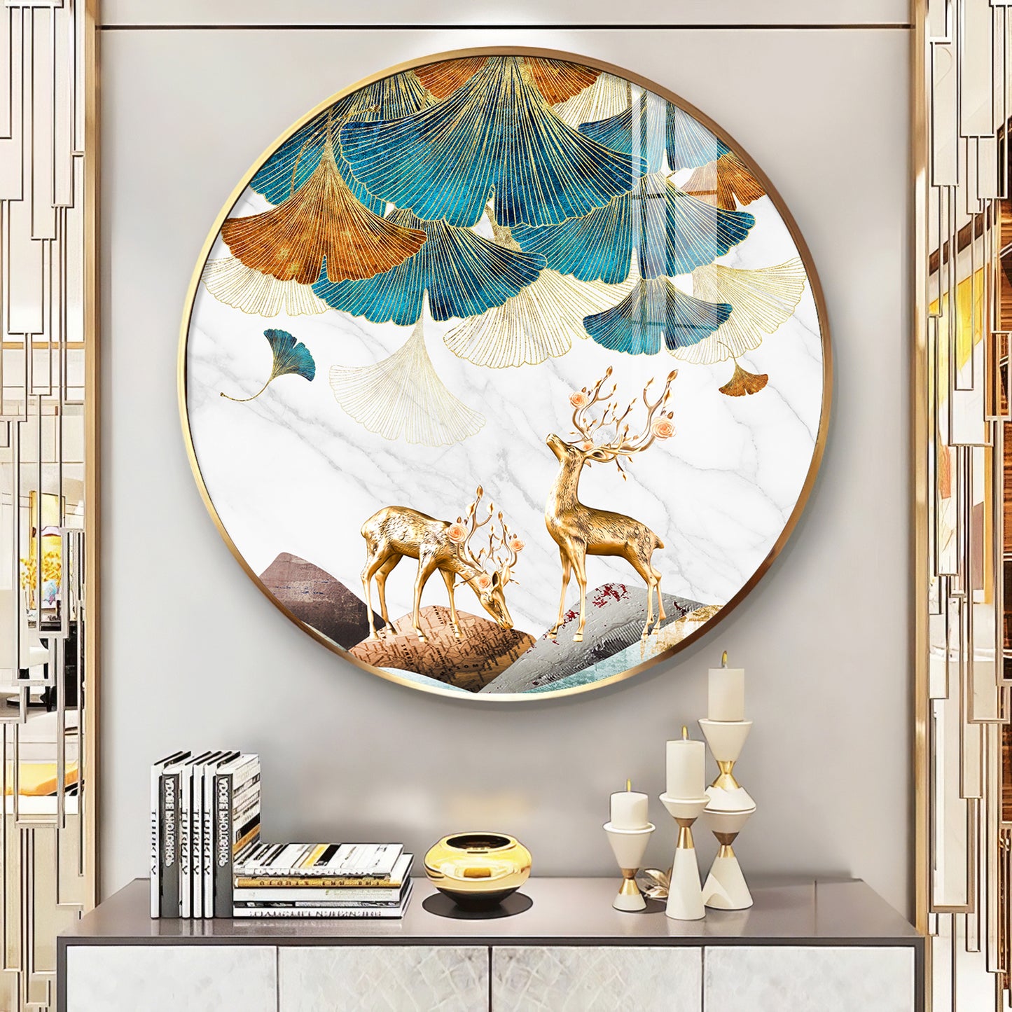 Deer and Leaves Premium Acrylic Round Wall Art