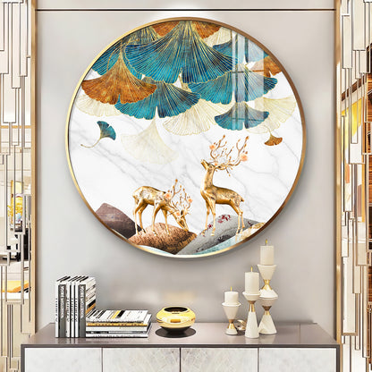 Deer and Leaves Premium Acrylic Round Wall Art