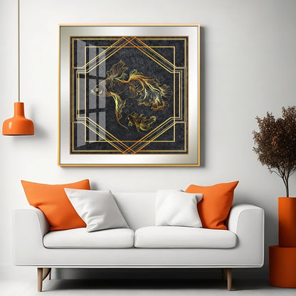 Modern Fashionable Gold Foil Goldfish Premium Acrylic Square Wall Art