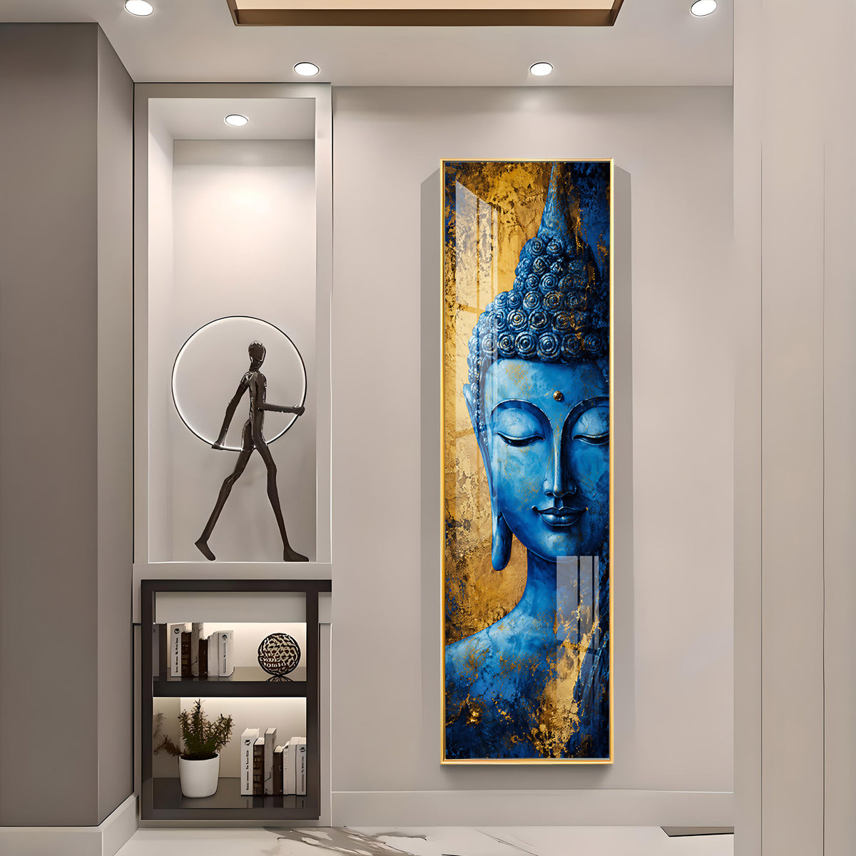 Blue and Gold Meditating Buddha Premium Acrylic Vertical Wall Art