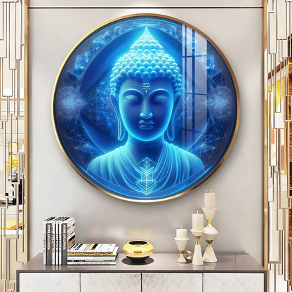Sacred Buddha In Blue Premium Acrylic Round Wall Art