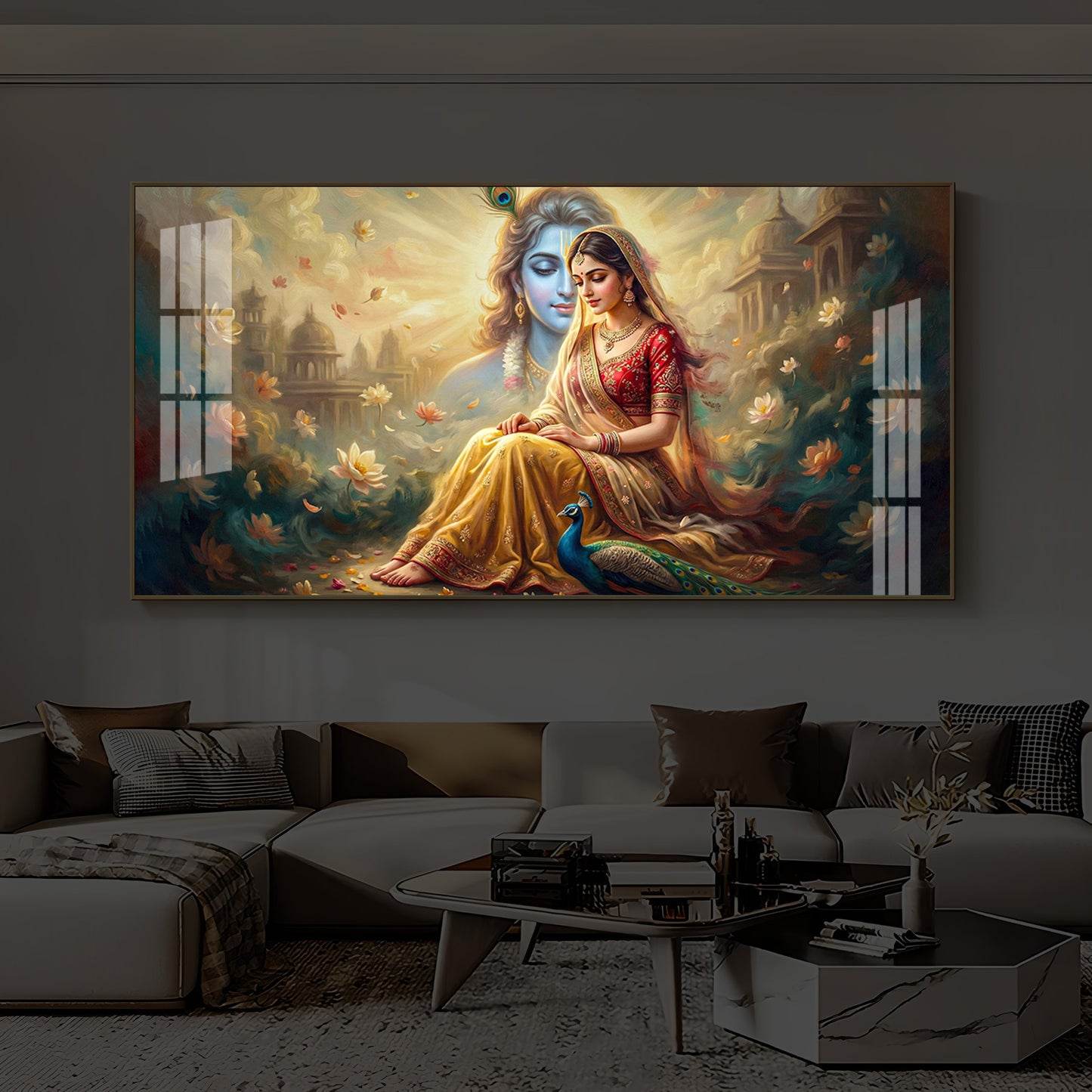 Loving Couple Radha Krishna Modern Luxury Backlight Horizontal Wall Art