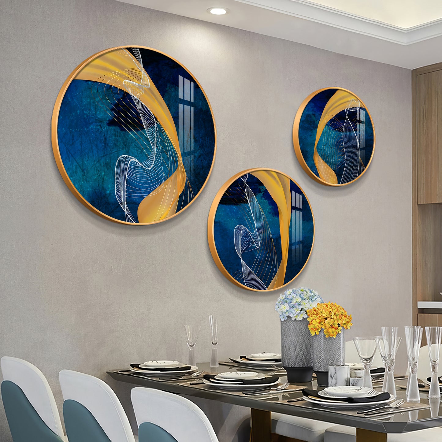 Asatic Waves Premium Acrylic Round Wall Art (Set of 3)