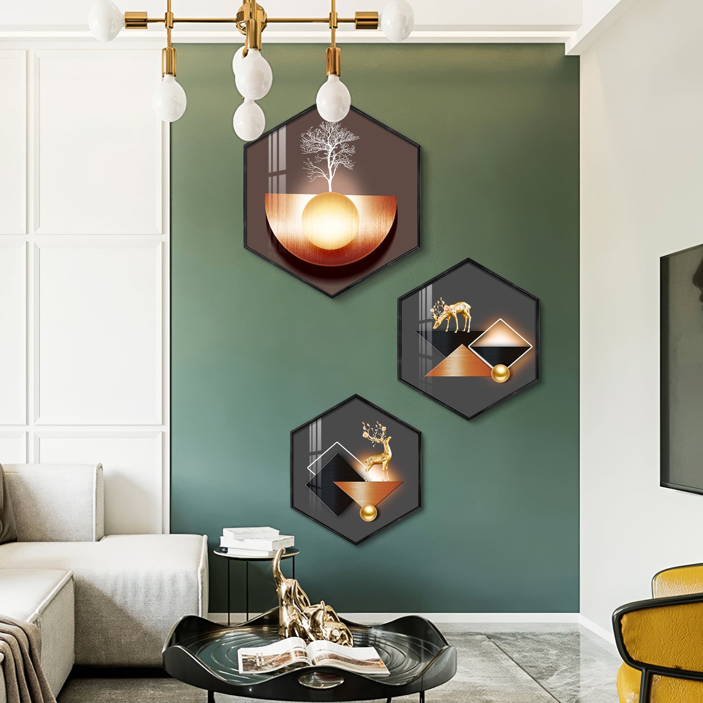 A Hoping Reindeer Premium Acrylic Hexagon Wall Art (Set of 3)