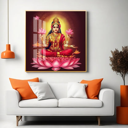 Laxmi Maa With Lotus Premium Acrylic Square Wall Art