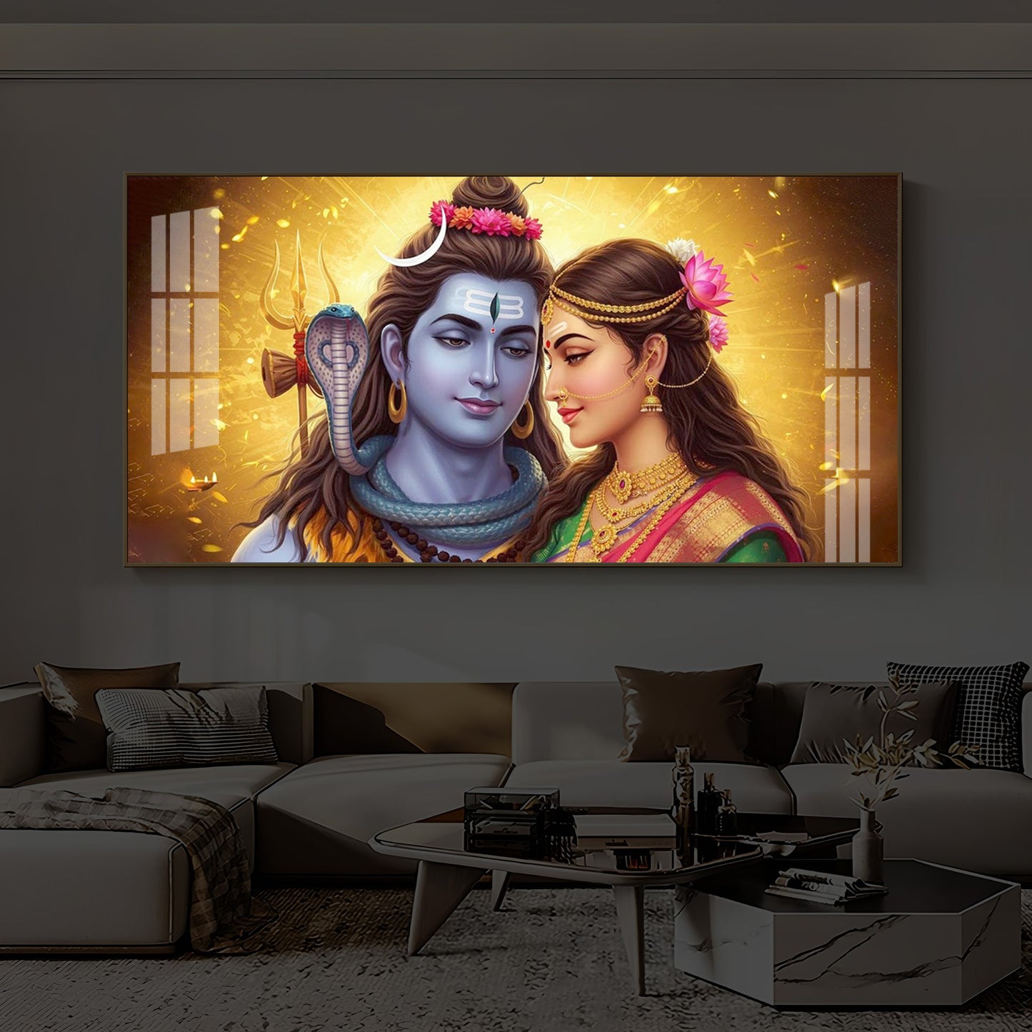 Shiv Parvati Modern Luxury Backlight Horizontal Wall Art