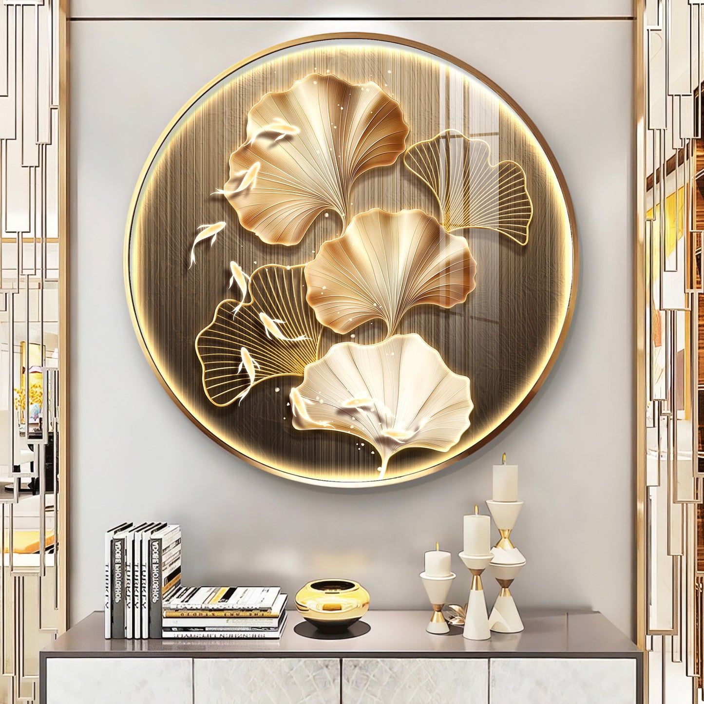 Golden Fusion Petal Premium Acrylic Round Wall Art