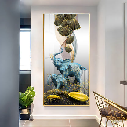 Blue Elephant With Golden Tusk Premium Acrylic Vertical Wall Art