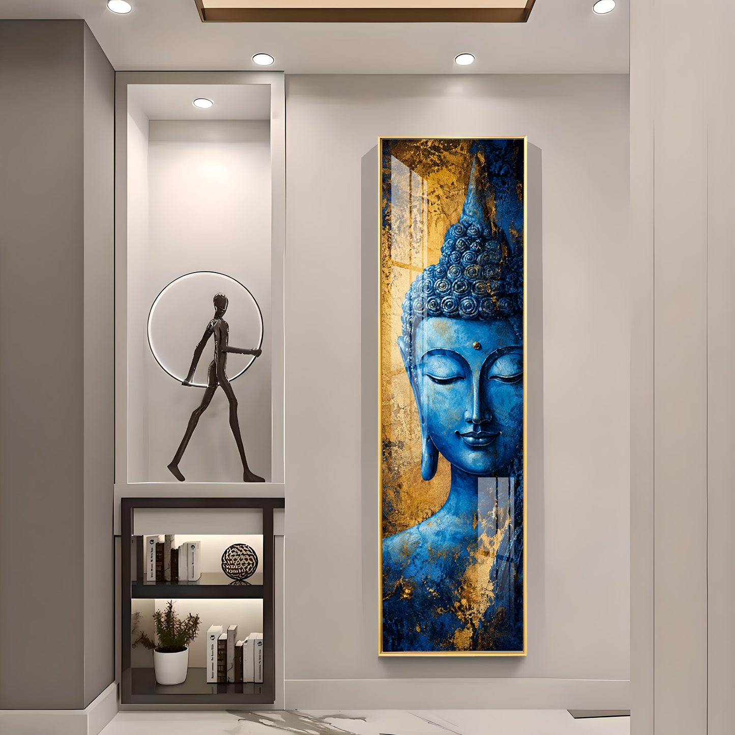 Blue and Gold Meditating Buddha Premium Acrylic Vertical Wall Art