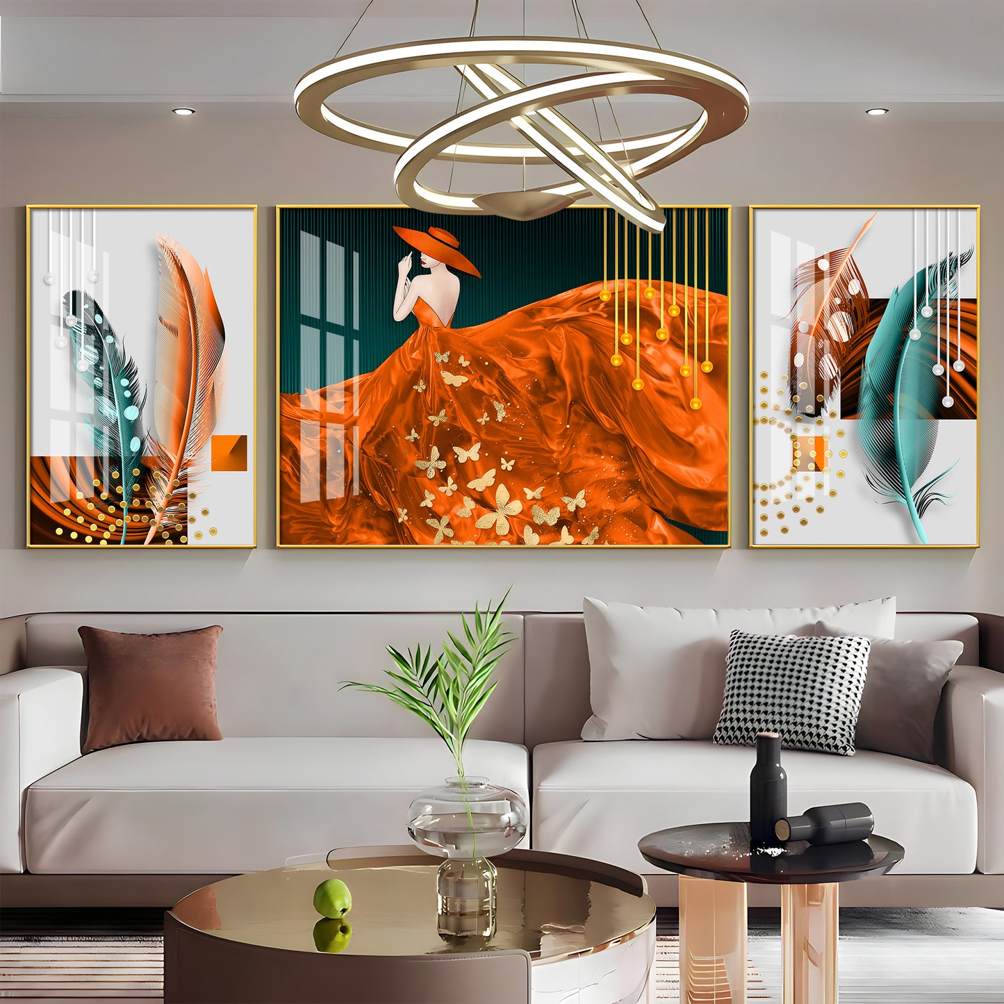 Women In Beautiful Orange Outfit Premium Acrylic Wall Art (Set of 3)