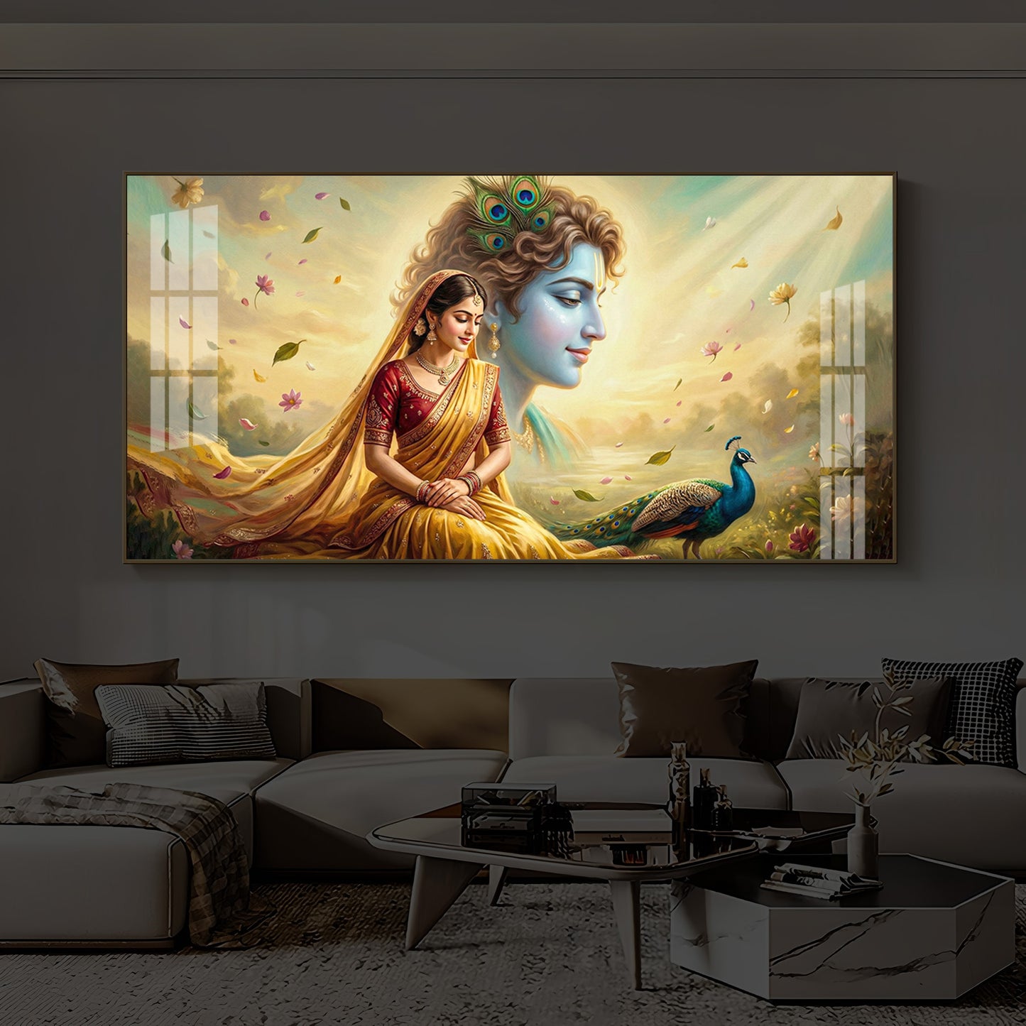 Lord Radha Krishna Modern Luxury Backlight Horizontal Wall Art