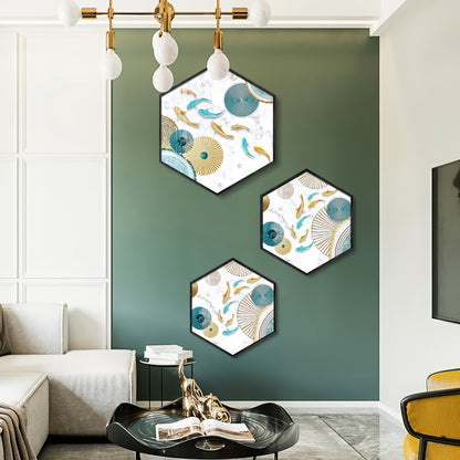 Koi Fish In Blue & Gold Premium Acrylic Hexagon Wall Art (Set of 3)