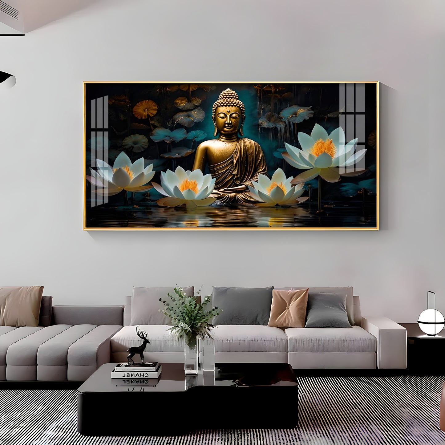 Buddha With White Lotus Premium Acrylic Horizontal Wall Art