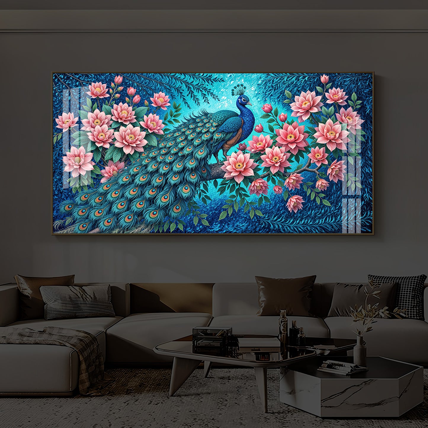 Majestic Peacock Modern Luxury Backlight Horizontal Wall Art