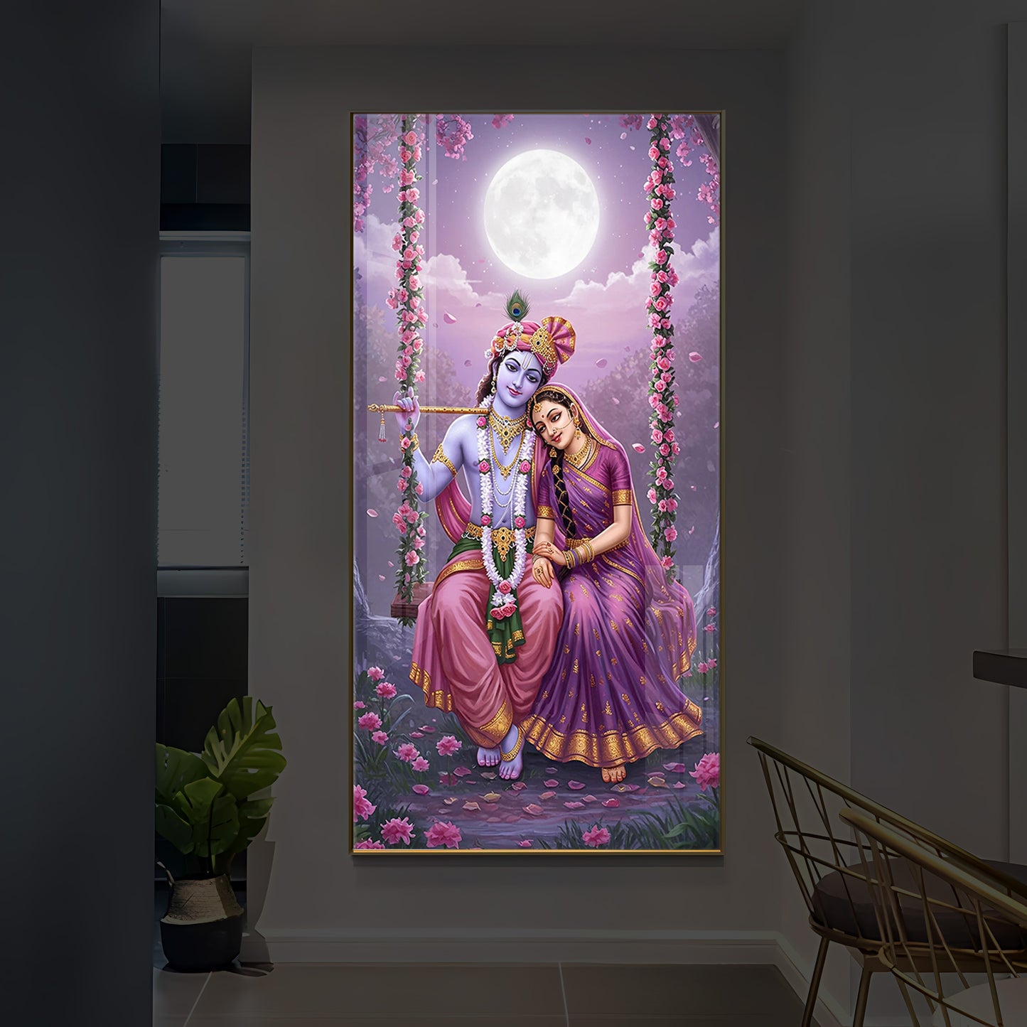 Loving Radha Krishna Modern Luxury Backlight Vertical Wall Art