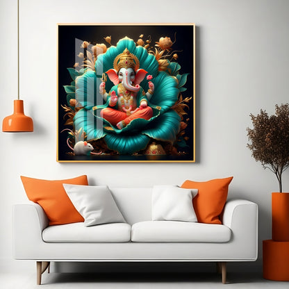 Lord Ganesh Lotus Serenity Premium Acrylic Square Wall Art