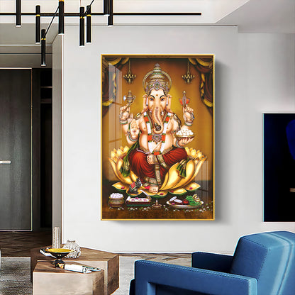 Lord Ganesha On Gold Lotus Premium Vertical Acrylic Wall Art