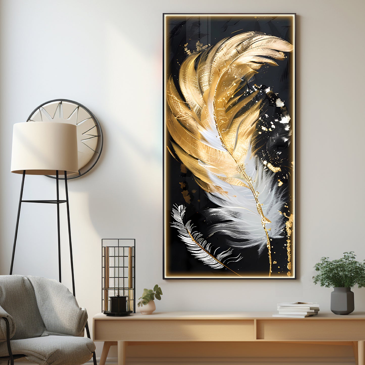 White & Golden Feather Luxury Crystal Vertical Wall Art