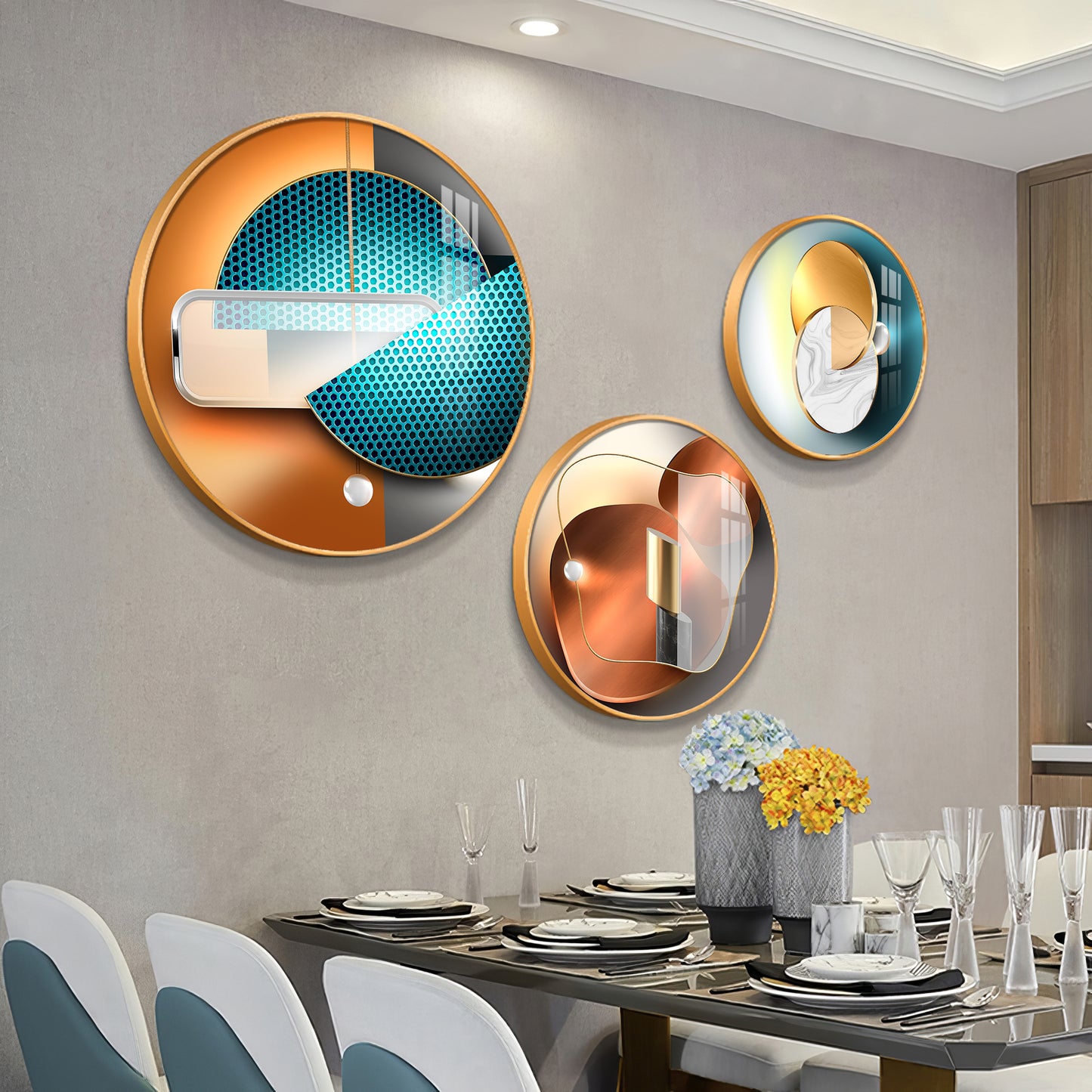 Semi Circle Abstract Premium Acrylic Round Wall Art (Set of 3)