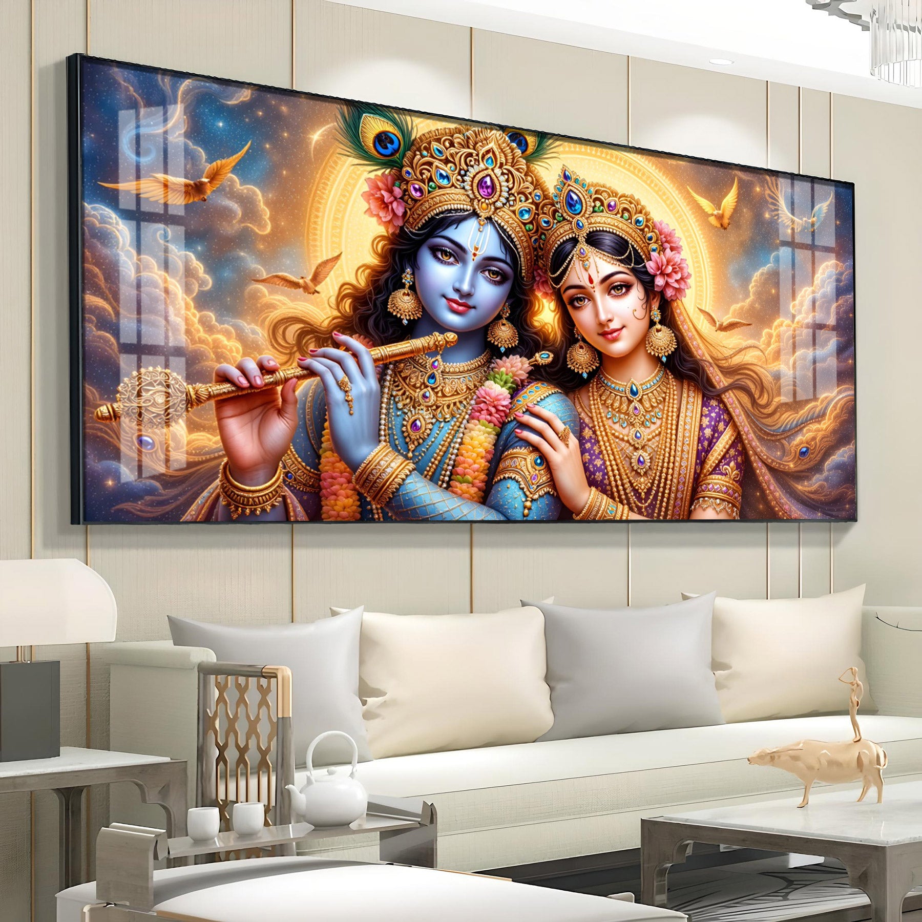 Shri Krishna And Radha In Sunburn Cloud Premium Acrylic Horizontal Wall Art