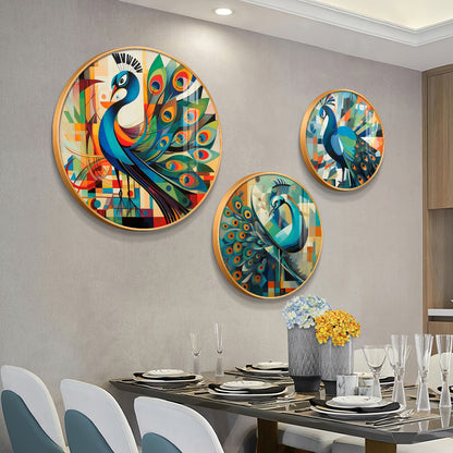 Colorful Peacock Abstract Premium Acrylic Round Wall Art (Set of 3)