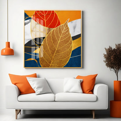 Yellow Tree Leaves Feathers Premium Acrylic Square Wall Art