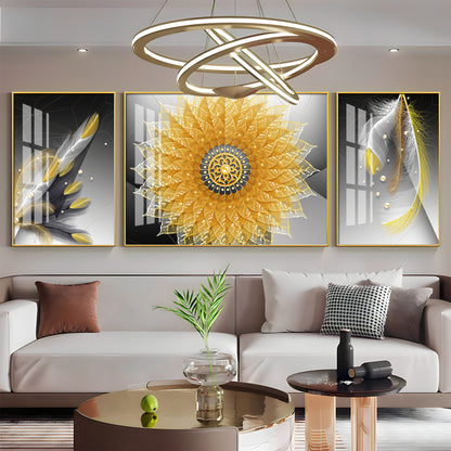 Golden Mandala With Feathers Premium Acrylic Wall Art (Set of 3)