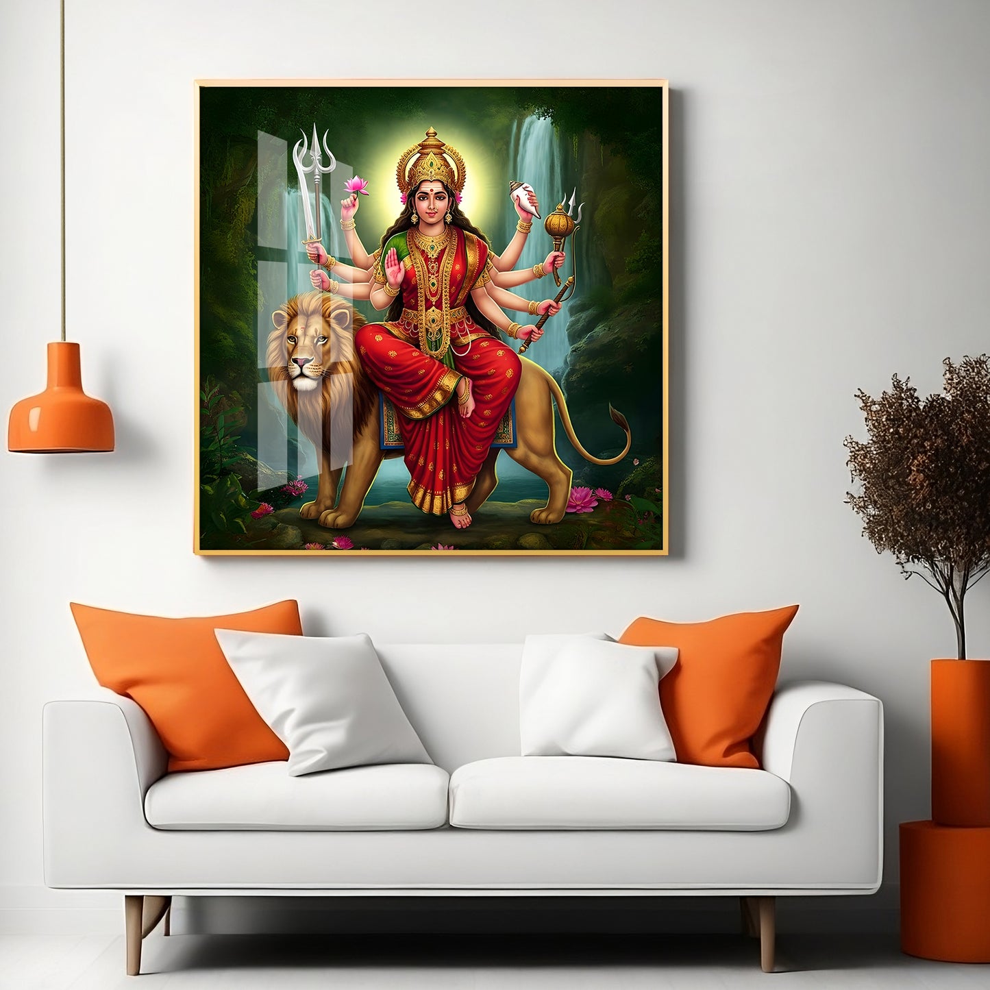 Divine Majesty Of Goddess On Tiger Premium Acrylic Square Wall Art