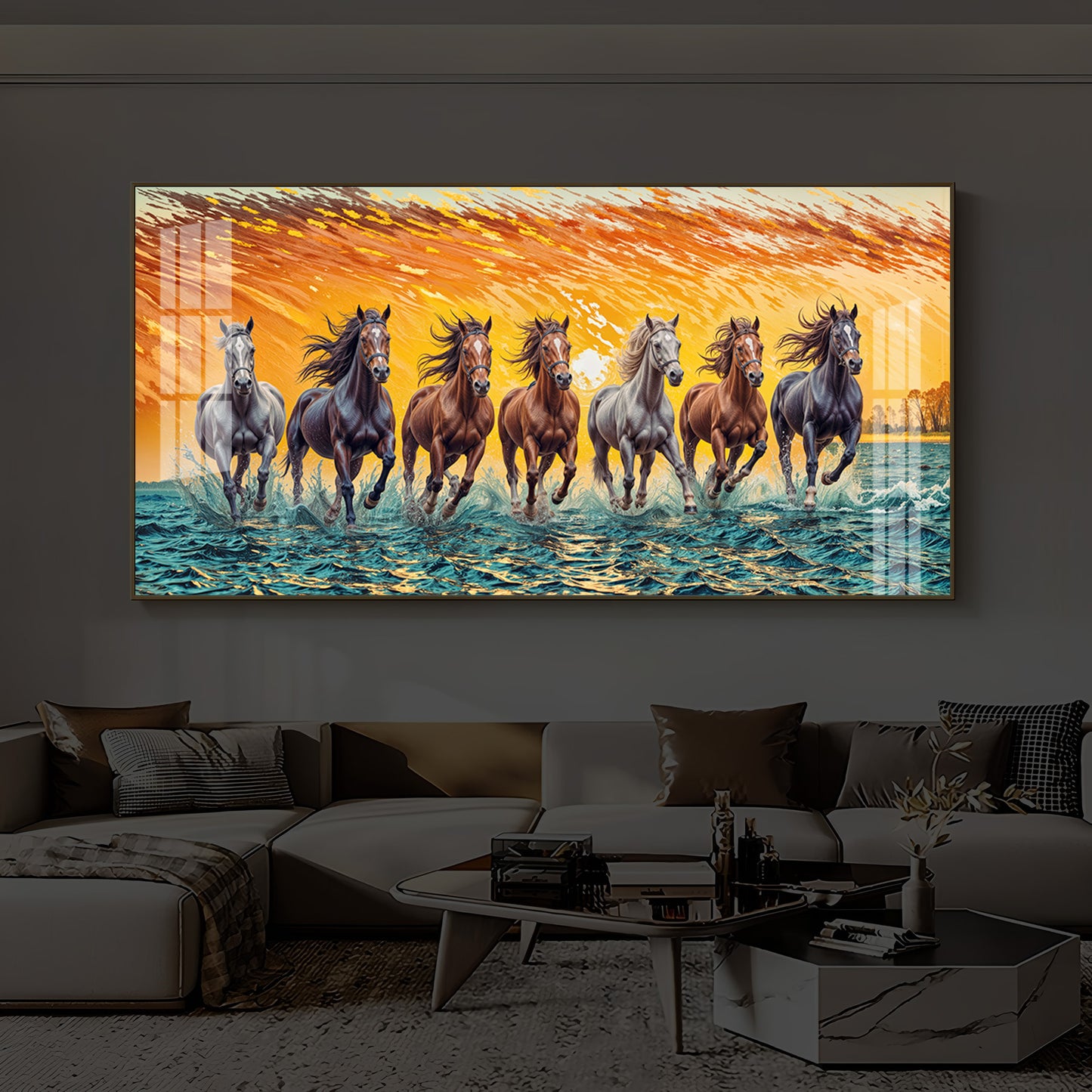 Seven Running Horses Modern Luxury Backlight Horizontal Wall Art