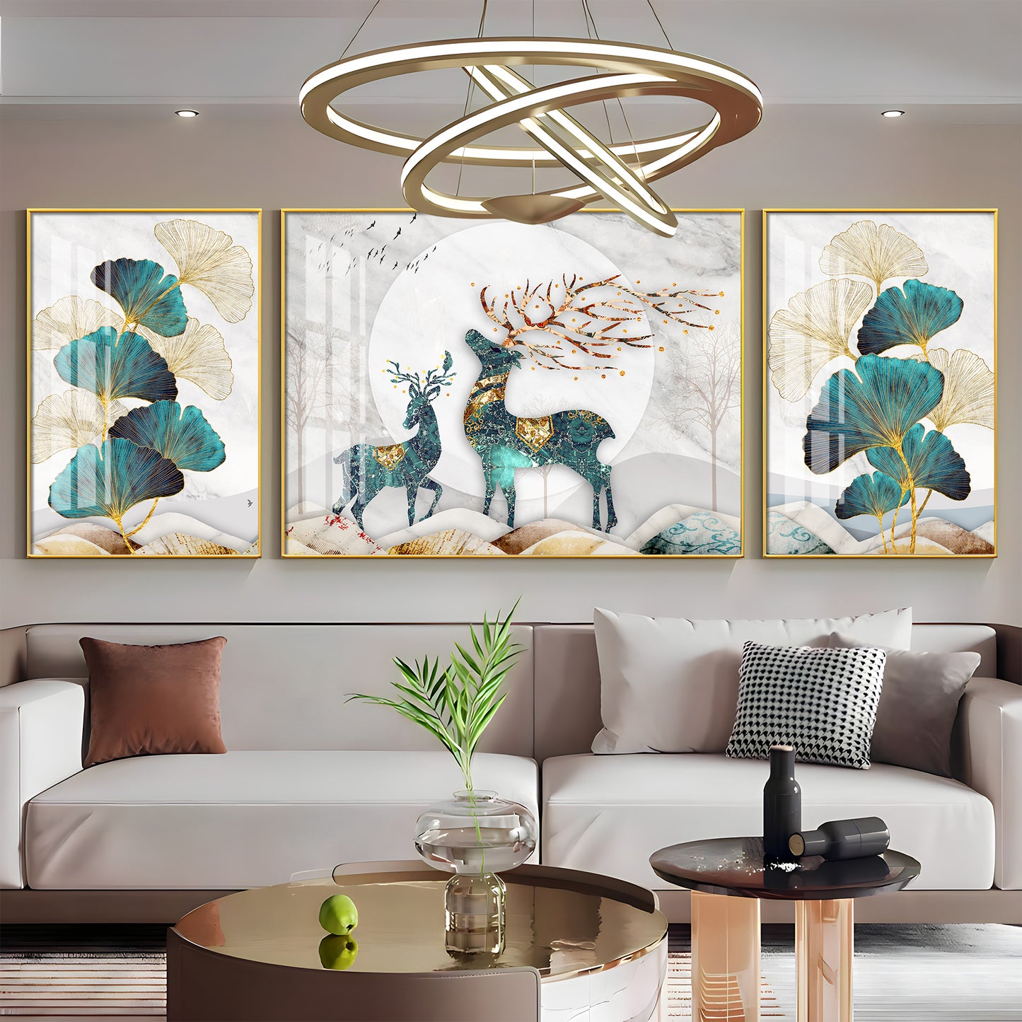 Rare Deer With Ginkgo Leaf Premium Acrylic Wall Art (Set of 3)