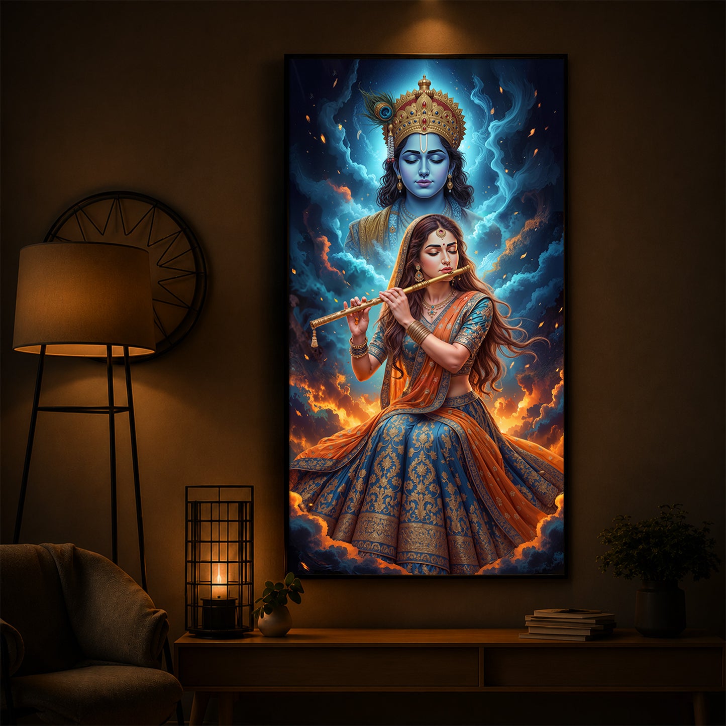 Radhe Krishna Colorful Modern Luxury Backlight Vertical Wall Art