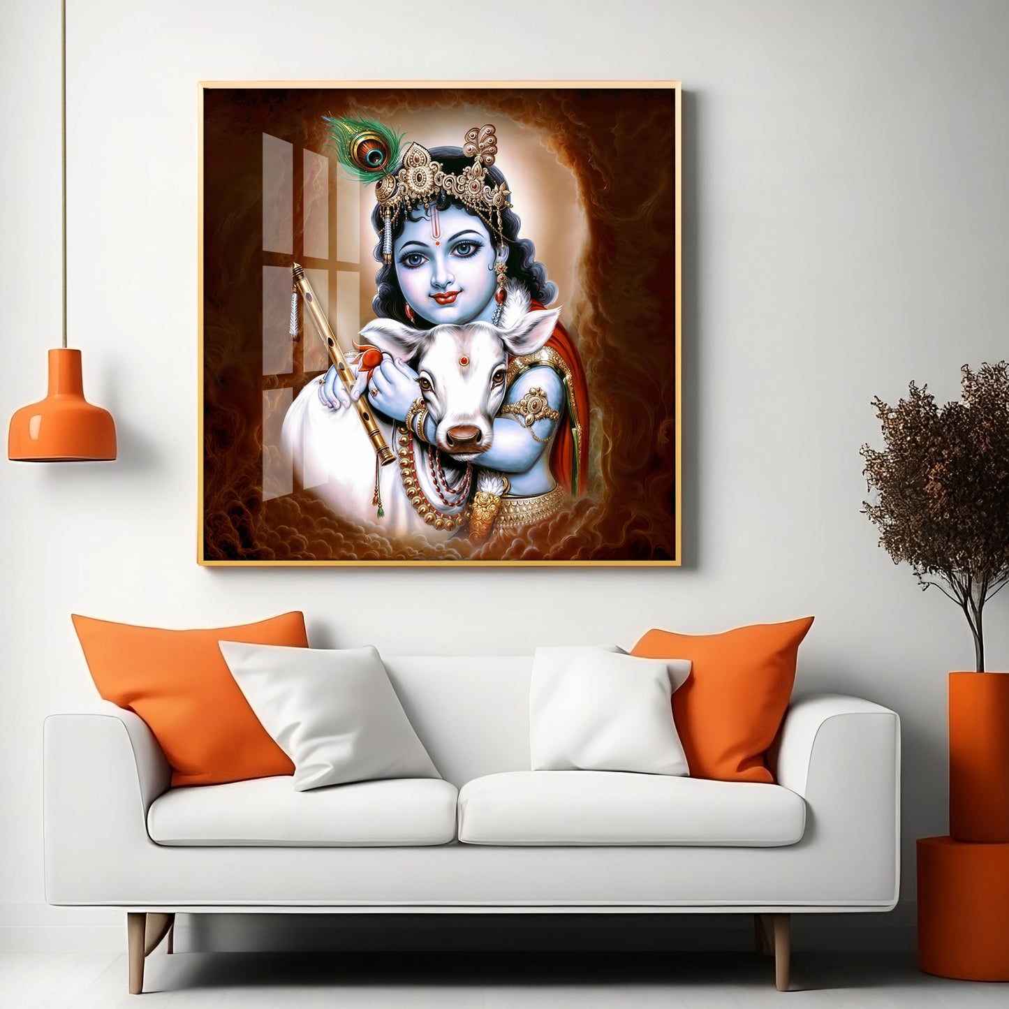 Krishna With Bansuri & Cow Premium Acrylic Horizontal Wall Art