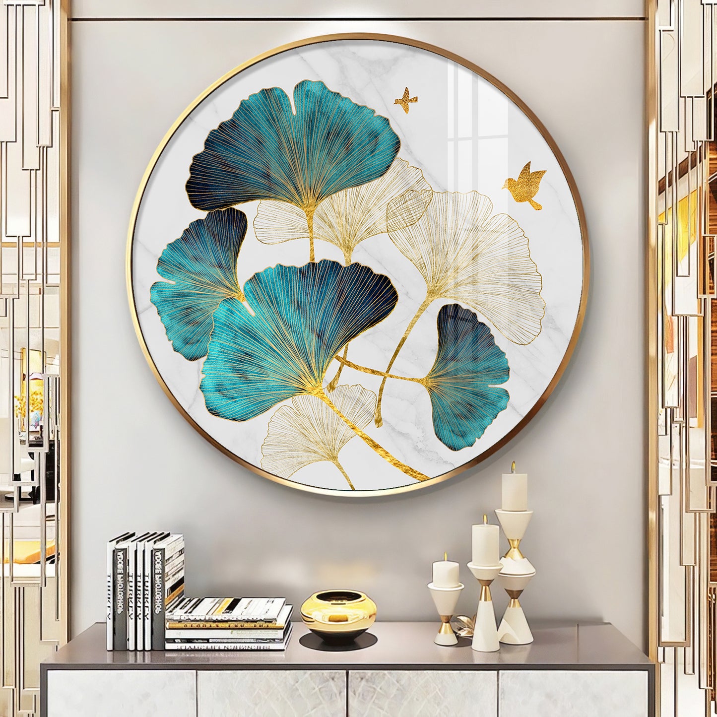 Blue Leaf Premium Acrylic Round Wall Art