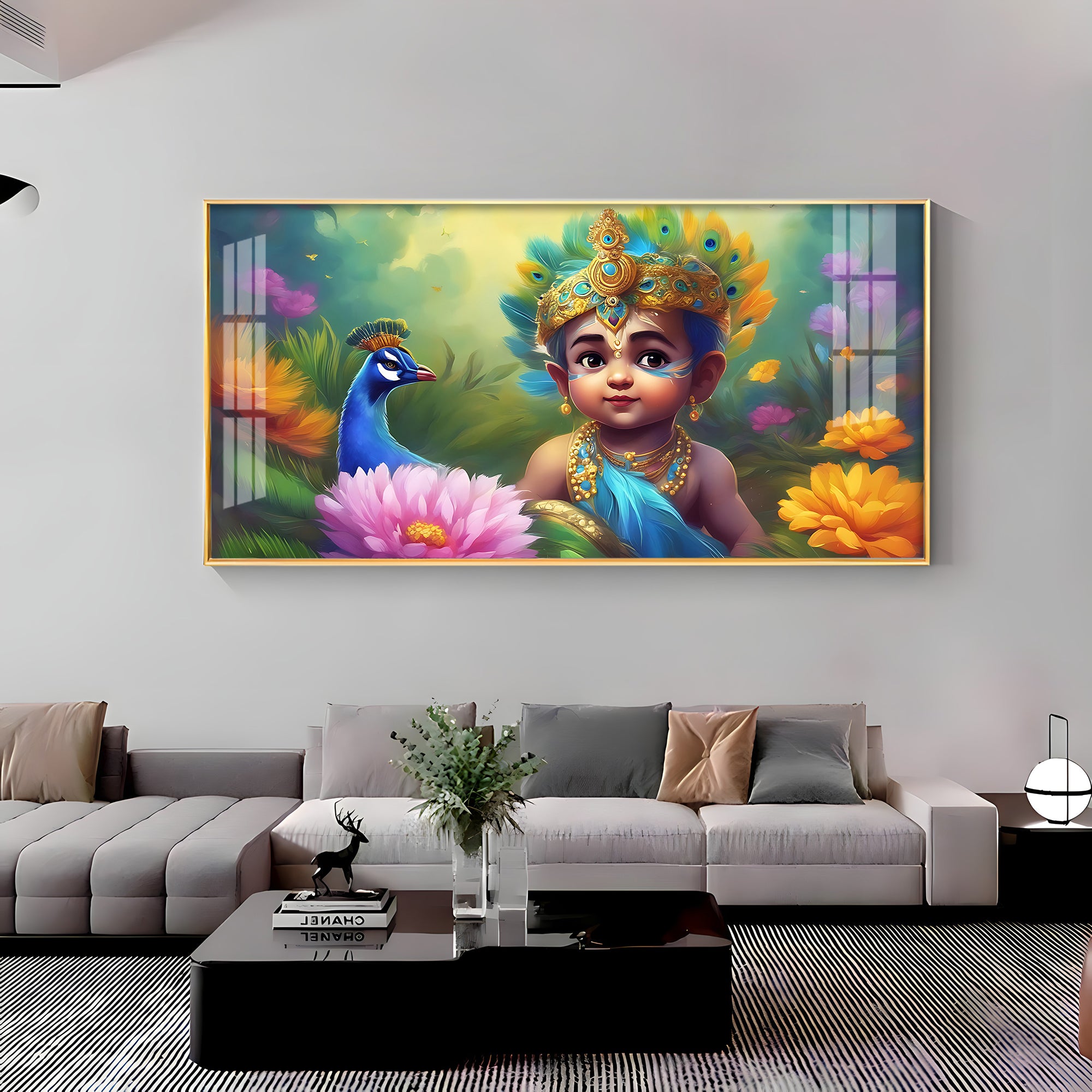 Little Krishna With Peacock Premium Acrylic Horizontal Wall Art