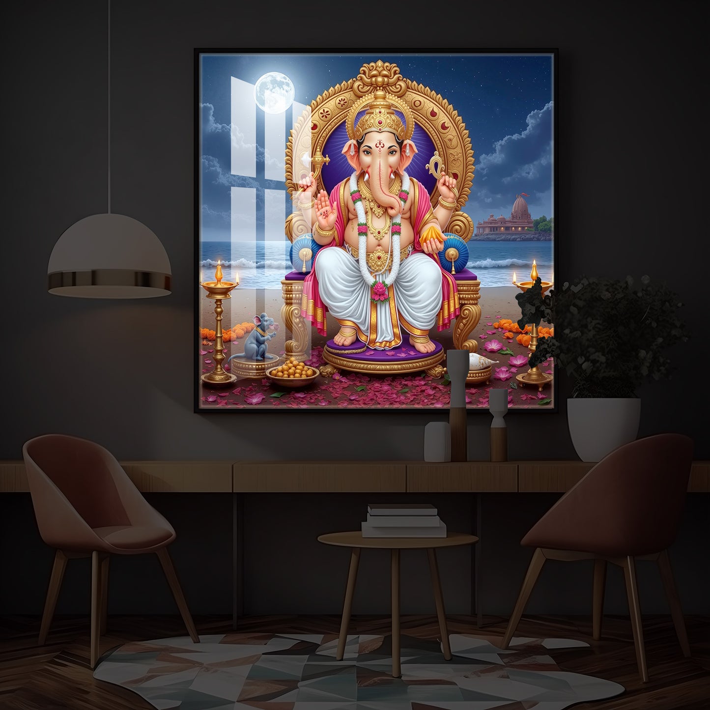 Shree Ganesh Ji Modern Luxury Backlight Square Wall Art