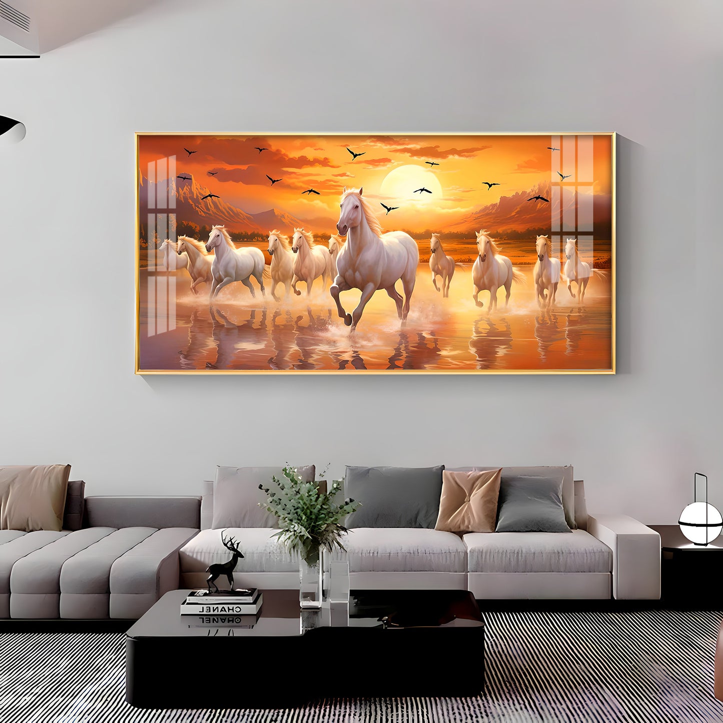 White Running Horses With Sunrise Premium Acrylic Horizontal Wall Art