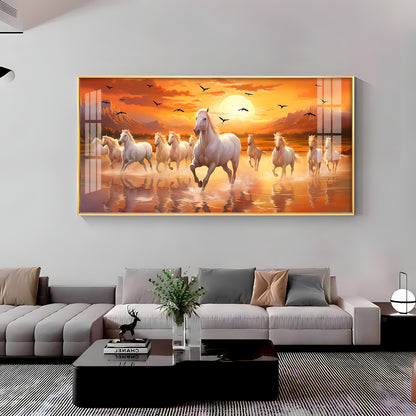 White Running Horses With Sunrise Premium Acrylic Horizontal Wall Art