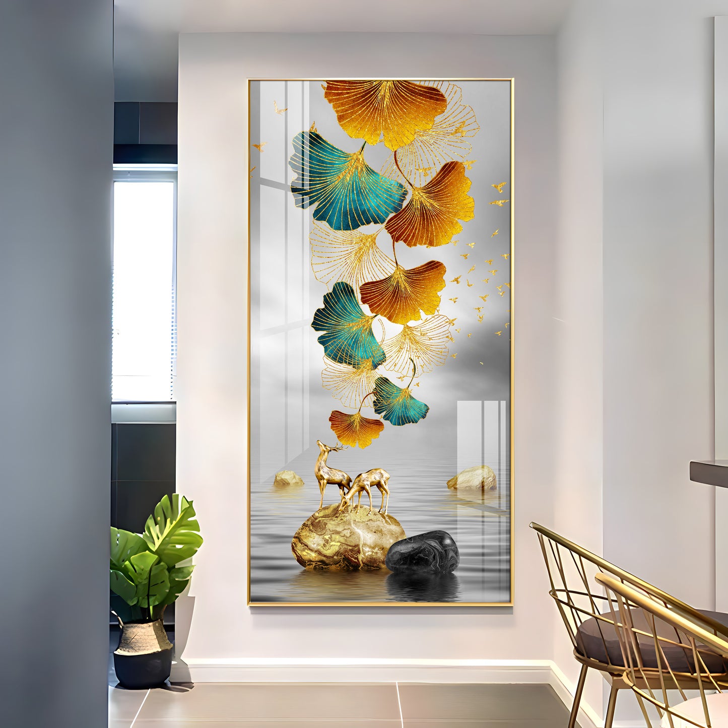 Golden Elk Leaves With Deer Premium Acrylic Vertical Wall Art