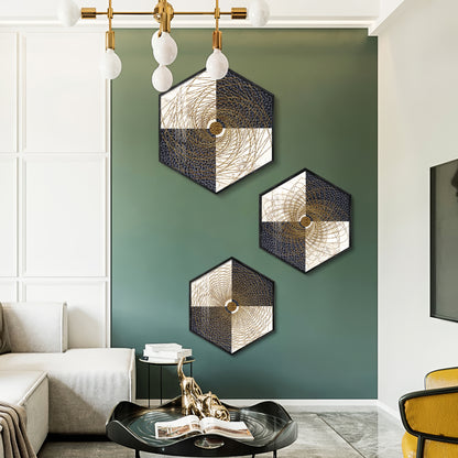 Spiral In Golden Premium Acrylic Hexagon Wall Art (Set of 3)